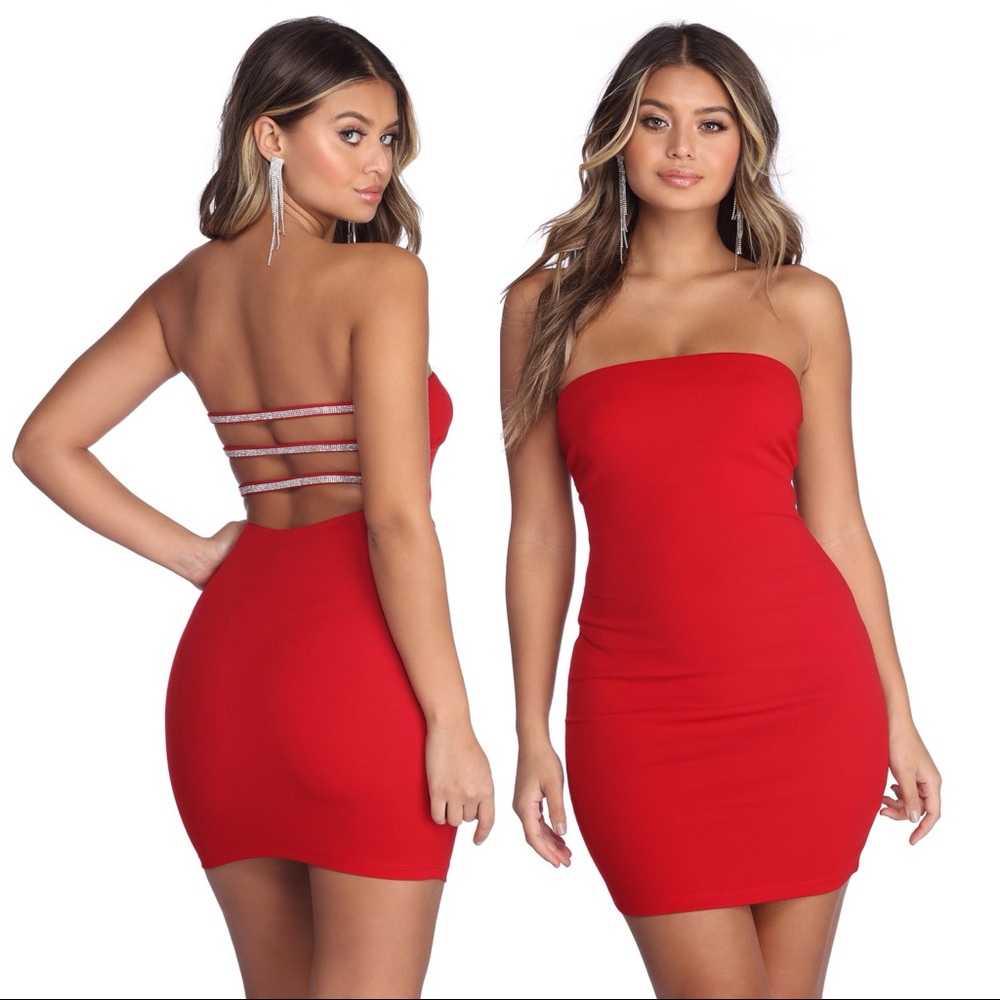 🔥LAST ONE!🔥 Red Rhinestone Baby Doll Mini Dress